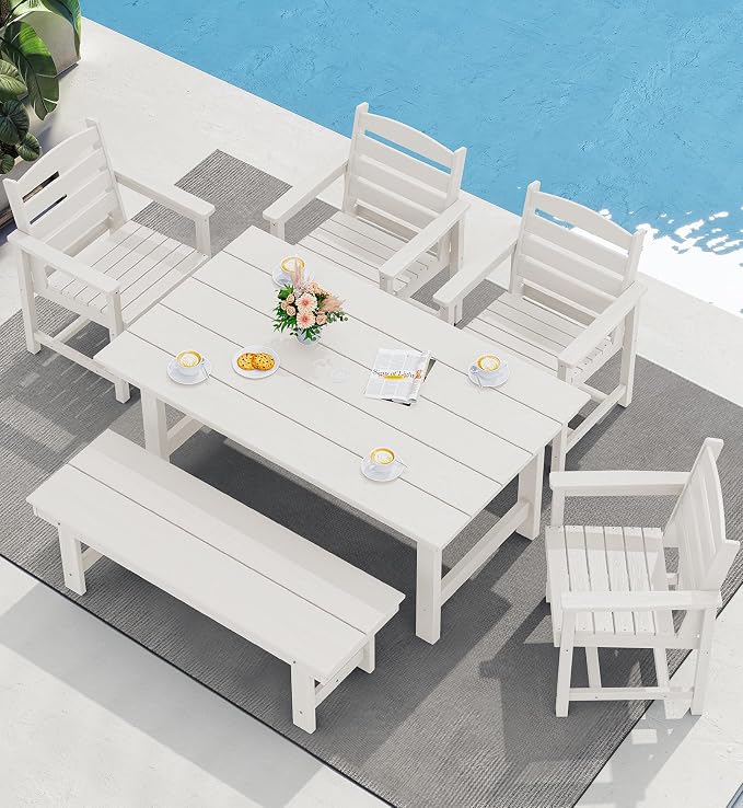 SERWALL 67" Rectangle Outdoor Dining Table for 6, White | Patio Dining Table with an umbrella hole, HDPE Outdoor Dining Table which can holds up to 220LBS