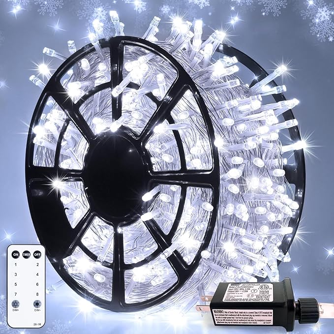 JMEXSUSS Clear Wire 163ft 500 LED White Christmas Lights Plug in | 8 Modes Waterproof Christmas Lights Outdoor Waterproof, Clear Wire White String Lights Indoor Bedroom for Christmas Home