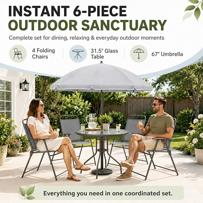 6-Piece Patio Dining Set for 4 with Umbrella, Outdoor Table and Chairs Set with 4 Folding Chairs, Round 31.5" Tempered Glass Table for Garden Backyard Poolside, Gray