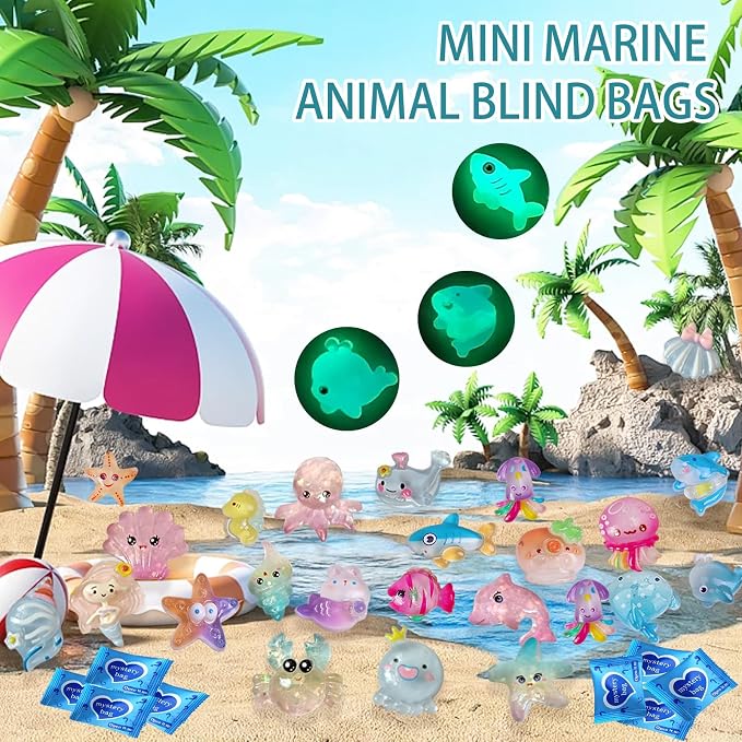 Mini Glow In The Dark Animal Resin Models, Resin Animals Mystery Bags, Individually Wrapped Blind Bags Tiny Animal Figurines, Collectible Mini Animals For Fairy Garden, DIY Crafts (100, Ocean)