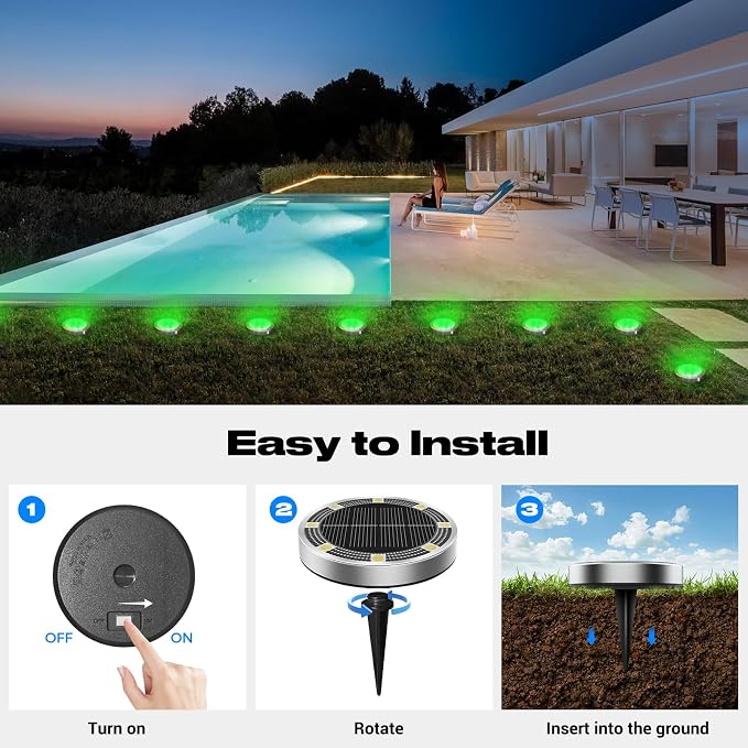 Solar Ground Lights Outdoor, 12 Pack Flat Solar Powered Disc Lights, IP68 Waterproof, Anti-Rust, Landscape Lighting for Pathway Garden Yard Lawn Walkway Landscape Driveway, Green
