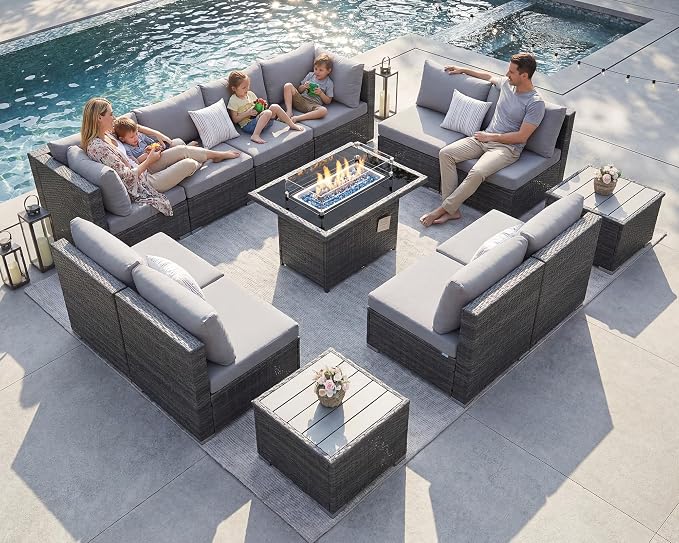 NICESOUL 13 Piece Outdoor Sectional Furniture with Firepit, Contemporary Back Yard Fireplace w/Seating Area, Plus Size 29.3'' High Back Patio Set, All-Weather Wicker Couch for Exterior, Light Gray