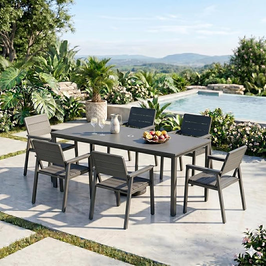 7 Pieces Outdoor Dining Set for 6, Patio Table and Chairs with Umbrella Hole, Aluminum & HDPE Weather-Resistant Furniture for Lawn, Garden, Porch, Balcony, Poolside (Grey)