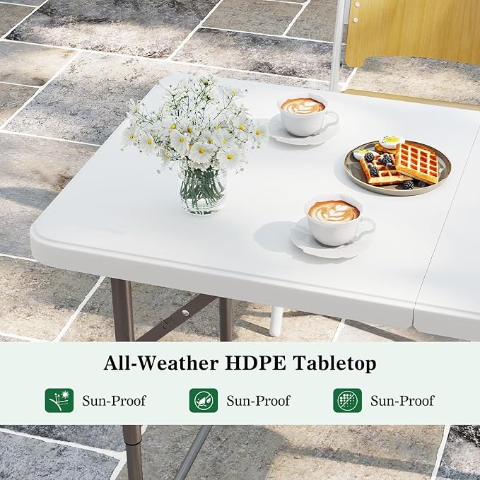 Goplus 4 FT Portable Camping Table, Adjustable Fold-in-Half Table with HDPE Tabletop & Metal Legs, Patio Folding Dining Table with Safety Lock & Carrying Handle for Party, Picnic & Fishing