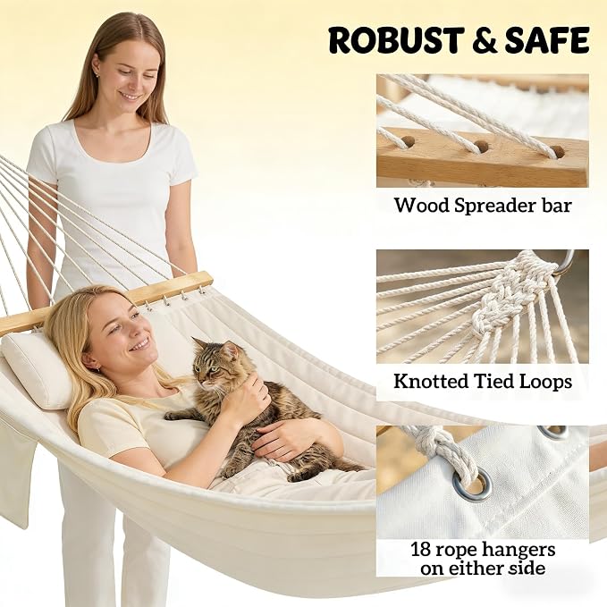 Double Hammock with Spreader Bars Cream for Outdoor Patio Garden | Quilted Polyester Extra Wide 2 Person Hammock Beechwood Spreader Bars Detachable Pillow Pocket and Hanging Kit Included