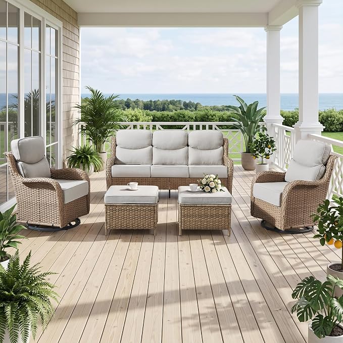 Luxury High Back Outdoor Furniture with 6-Inch Thick Cushions, Patio Furniture Set with Swivel Chairs, 5 PCS Wicker Conversation Set for Porch, Balcony, Deck and Yard