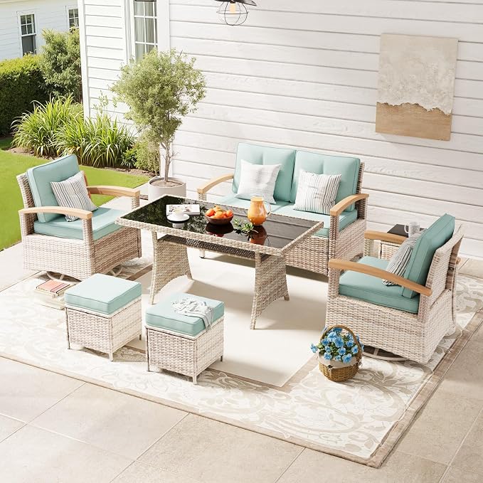 MEISSALIVVE 7 Pieces Patio Furniture Sets, PE Wicker Outdoor Conversation Sets with 2 Wood Armrests Swivel Rocker Chairs, 2 Ottomans, 2-seat Sofa and Dining Table (Blue)
