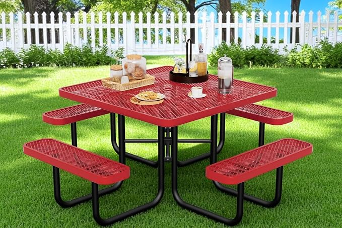 46" Square Picnic Table for Outside,Red Heavy Duty Metal Picnic Table Bench Set with 2in Umbrella Hole, 1600 lb Capacity,Commercial Dining Table Furniture for Garden Yard Patio Party Coffee Shop