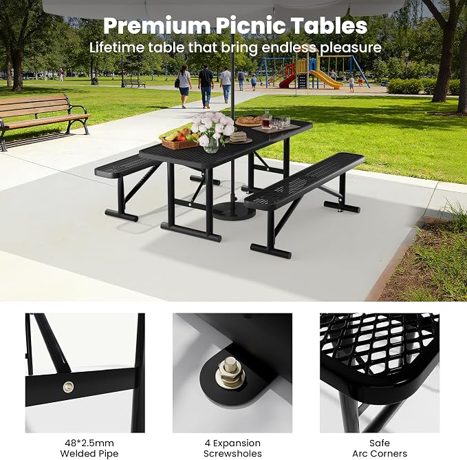 6FT Outdoor Metal Picnic Table with 2 Benches,Heavy Duty Rectangular Picnic Table Set for Outside, Waterproof Commercial Restaurant Table Furniture for Park, Campfield, Patio, Garden, Yard