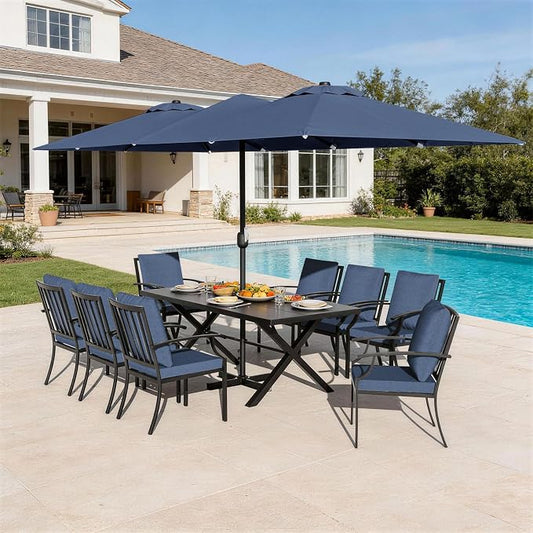 10 Piece Outdoor Dining Set for 8, Patio Table and Chairs Set with Umbrella, Metal Patio Furniture Set with 8 Stackable Chairs, Outdoor Table and Chairs with Cushions for Lawn, Garden, Yard-Navy