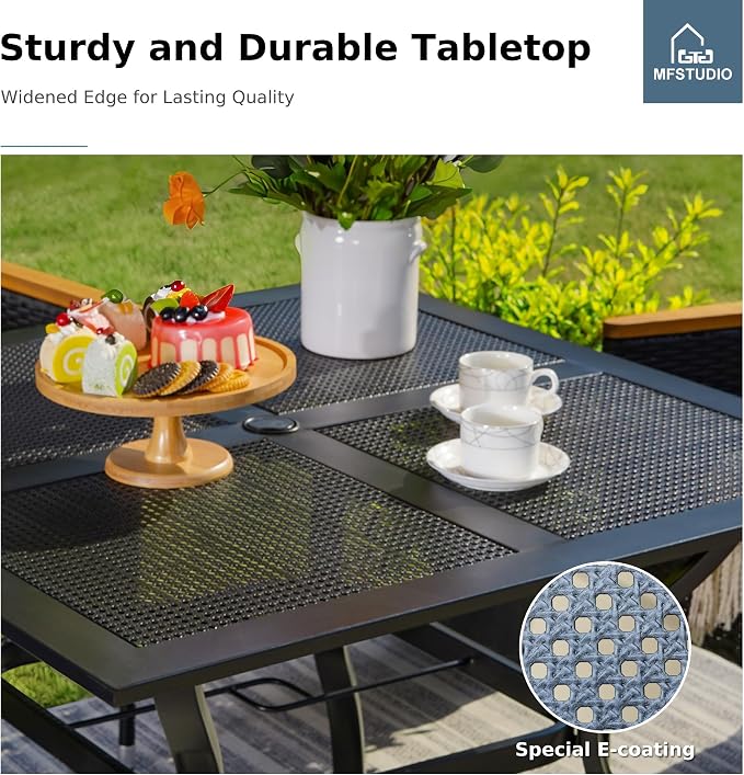 MFSTUDIO 37" x 37" Square Outdoor Dining Table Patio Bistro Table Powder-Coated Steel Frame Top Umbrella Stand Deck Outdoor Furniture Garden Table, Black