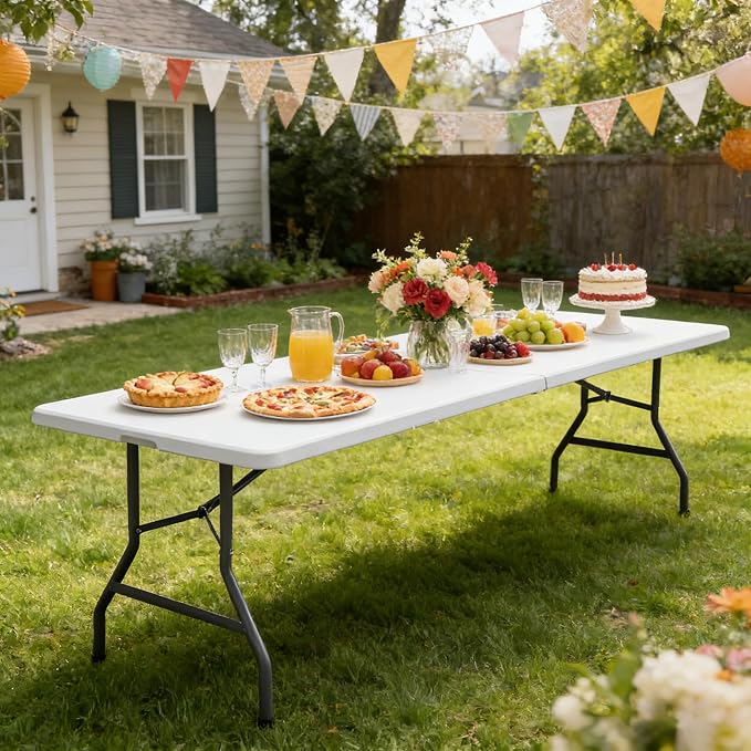 SUPER DEAL 8FT Folding Picnic Table for Indoor Outdoor, Portable Fold-in-Half Plastic Dining Camping Party Table with Carrying Handle