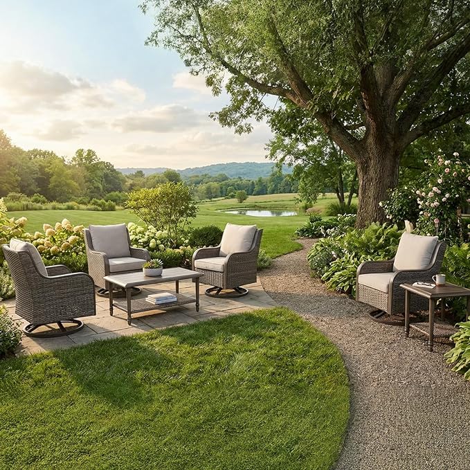 6-Piece Swivel Patio Furniture Set, 4 Outdoor Wicker Swivel Chairs with Coffee Table & Side Table, All-Weather Conversation Set for Porch Deck Backyard, Water-Resistant Cushions（6-PCS