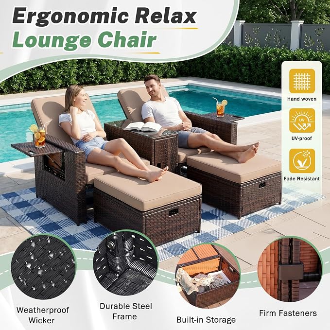 LVUYOYO 5 Piece Patio Furniture Set, Patio Wicker Conversation Set with Ottoman, Outdoor Chaise Lounge Chair with Side Table & Adjustable Backrest for Pool Backyard Garden (Brown Wicker Khaki Cushion)