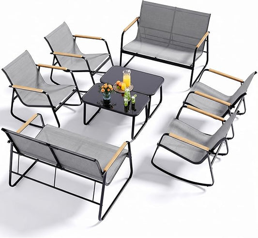 Ahomly 8-Piece Outdoor Patio Furniture Set, Textilene Conversation Set with Rocking Chairs, Loveseat, and Tempered Glass Coffee Table, for Lawn, Garden, Balcony, Poolside (Grey)