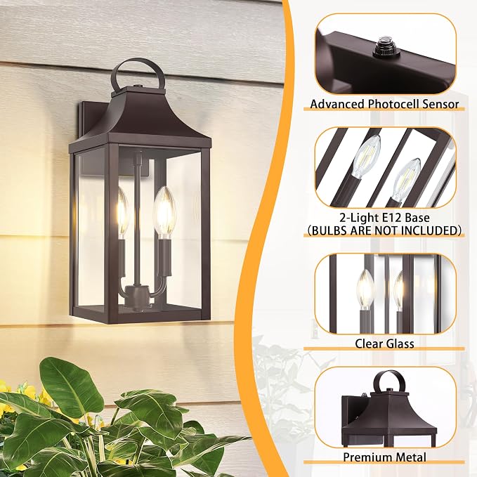15" Dusk to Dawn Outdoor Wall Lantern 2-Light, Brown | Outside Modern Wall Sconce Light Fixture, Porch Light Wall Mount with E12 Sockets, Waterproof Exterior Lamp Lighting