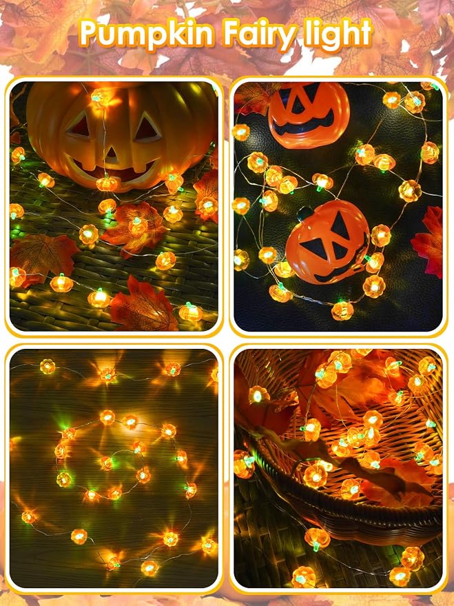 Fall Decorations 3D Pumpkin Fairy Lights Battery Operated 10FT 30LED Orange | Timer, 8 Modes, Remote Control, Waterproof String Light for Indoor Outdoor Garland Harvest Thanksgiving Halloween decorations