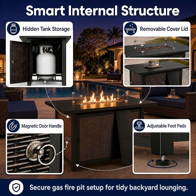 HUMMUH 5-Piece Wicker Swivel Rocker Patio Set with Fire Pit | 50,000 BTU fire pit, powder-coated steel frame, PE wicker, 360-degree swivel, 4-inch sponge cushions