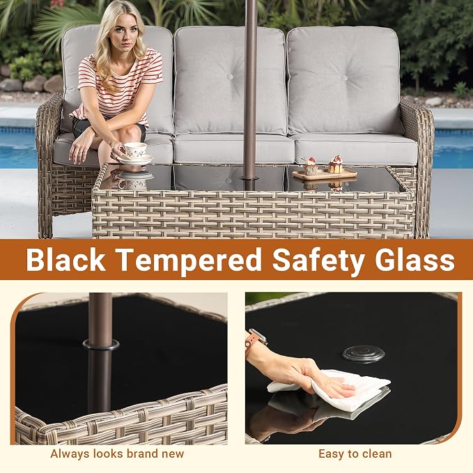 HOOOWOOO Outdoor Patio Side Table with Umbrella Hole,Wicker Coffee End Table Glass Top,Umbrella Table with 1.64" and 2" Hole for Yard,Deck,Porch,Garden(Rectangle Brown)