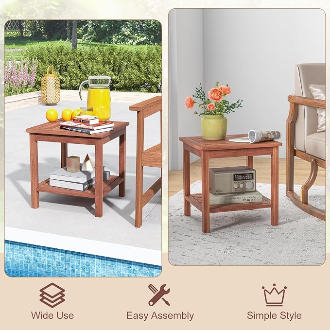 RELAX4LIFE Adirondack Outdoor Side Table - 2-Tier Acacia Wood Square End Tables w/Slatted Tabletop & Shelf for Garden Porch Pool, Indoor Outdoor Companion, Wooden Small Patio Table (1, Natural)