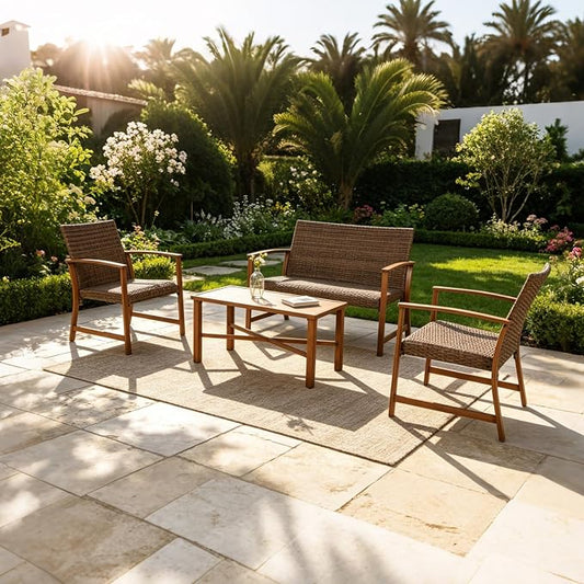 4-Piece Patio Furniture Set, Wicker Outdoor Conversation Set with Coffee Table and Padded Seat Cushions, Rattan Sectional Sofa for Yard, Garden or Patio, Brown