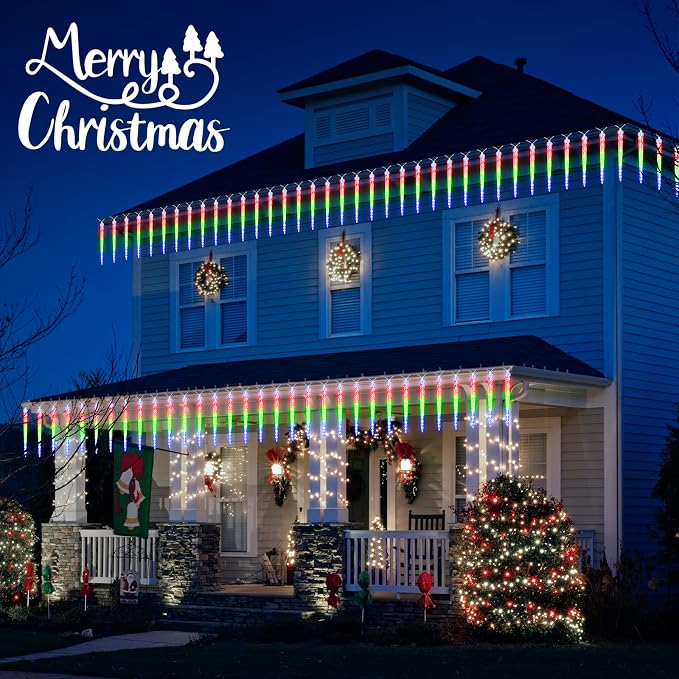 Brightown Christmas Icicle Lights Outdoor, 20Ft Meteor Shower Lights with 20 Large Tube 480 LED Dropping Effect, Waterproof Icicle Christmas Decorations for House Eave Roofline, Multicolor