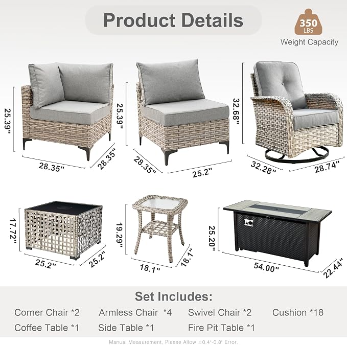 HOOOWOOO Outdoor Patio Furniture Set with Fire Pit Table,11 Pieces Wicker Out Door Sectional Furniture L Shaped Couch,Outside Patio Conversation Sets Swivel Chair,Charcoal Gray