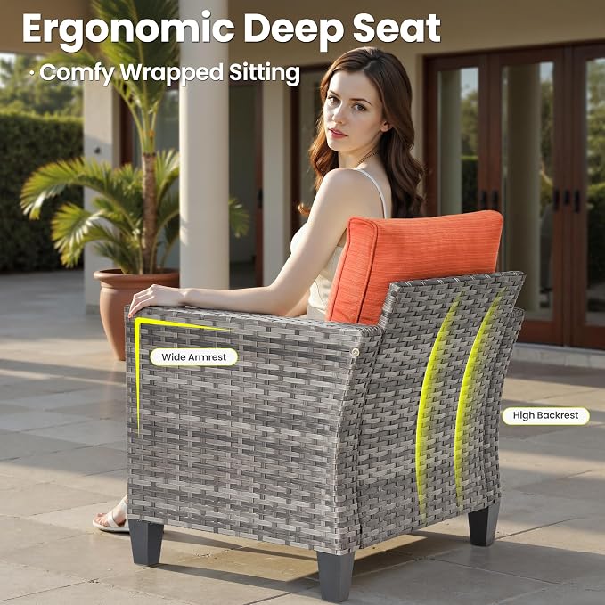 ovios 4 Pieces Patio Furniture Set, Outdoor Wicker Rattan Sofa Couch with Loveseat, Chairs, Glass Coffee Table, Conversation Sets for Yard Porch Garden, Orange Red