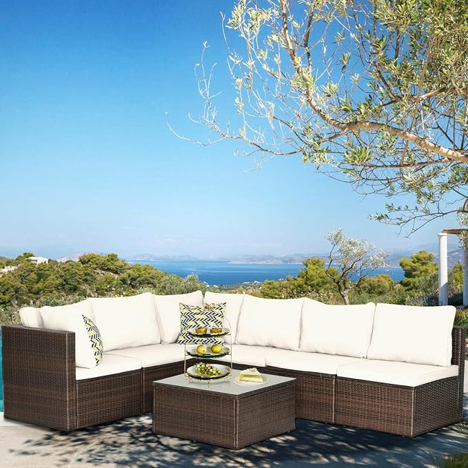 PayLessHere Patio Furniture Set 7 Pieces Outdoor Furniture Wicker Conversation Set Sectional Sofa and Coffee Table Wicker Patio Conversation Sets for Backyard Porch Balcony Poolside,Khaki Cushion