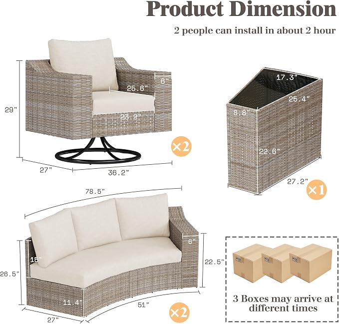 LUXOAK 9-Piece Wicker Patio Furniture Set with Swivel Rocking Chairs, Curved Sectional Sofa with Storage Table, All-Weather Outdoor Conversation Set with 6" Armrests, for Backyard/Garden/Deck