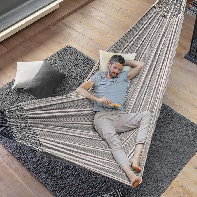 LA SIESTA® Flora Classic Cotton Hammock & Steel Stand - Indoor Outdoor Hammock with Stand - Portable Hammock Stand for Outside, Patio Hammock with Stand - Max 440 Lbs, Large Double Hammock, Zebra