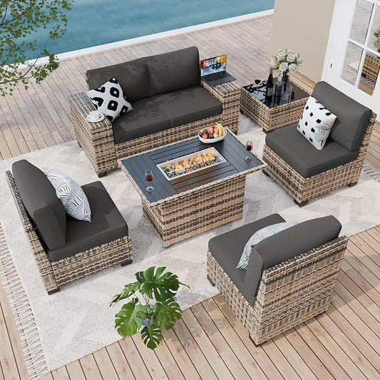 Amopatio 7 Piece Patio Furniture Set with 8" Armrest & 44" Fire Pit Table, Outdoor Wicker Rattan Sectional Sofa Conversation Set for Backyard, Garden, Poolside(Grey Cushion)