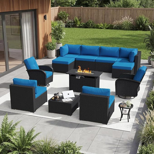 Aoxun 13 Piece Outdoor Patio Furniture Set with 44'' Fire Pit Table, Wicker Rattan Outdoor Furniture with High Back Swivel Rocker Chairs, Outdoor Sofa Set with Thick Cushion & Ottoman, Peacock Blue