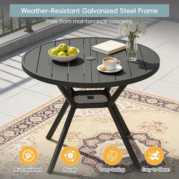 5 Piece Patio Dining Set for 4 Swivel Chairs and 42” Round Metal Table with Umbrella Hole, All Weather Patio Dining Furniture Set for Deck Lawn Backyard, Black Table and Navy Blue Chairs Set
