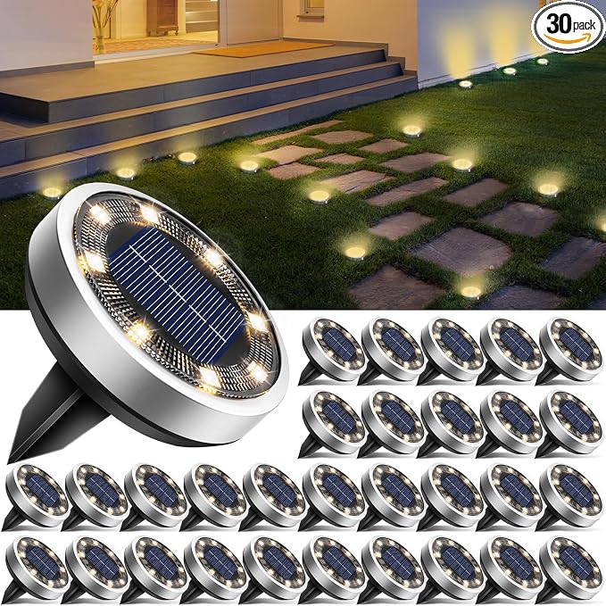 btfarm 30 Pack Solar Lights Outdoor, 8 LED Solar Ground Lights IP65 Waterproof Flat Solar Disc Light, Pathway Lights for Garden Lawn Patio Yard Path Landscape, Warm White