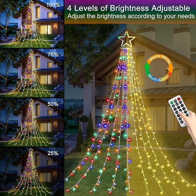 Christmas String Lights 320 LED Christmas Decorations Star Waterfall Lights with 11 Modes Remote Control for Tree Wall Yard Wedding Party (Warmwhite+Multicolored)