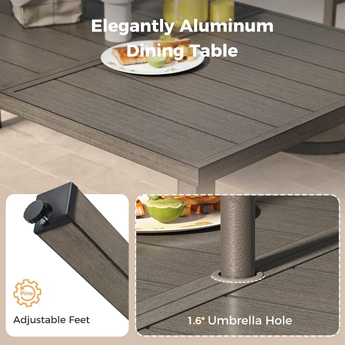 HAPPATIO Patio Dining Set for 6, 7-Piece Outdoor Aluminum Dining Set, 2 Cushioned Swivel Chairs, 4 Dining Chairs and Table for Deck Yard Poolside, Rust-Proof, Weather-Resistant, Easy Assembly