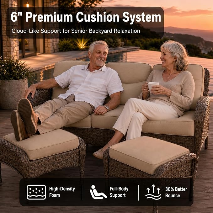 HUMMUH Outdoor Couch with 6-inch Thick Cushion, Luxury High Back Patio Furniture Set -Patio Sofa with Ottomans,3PCS Wicker Conversation Set for Deck Yard and Porch
