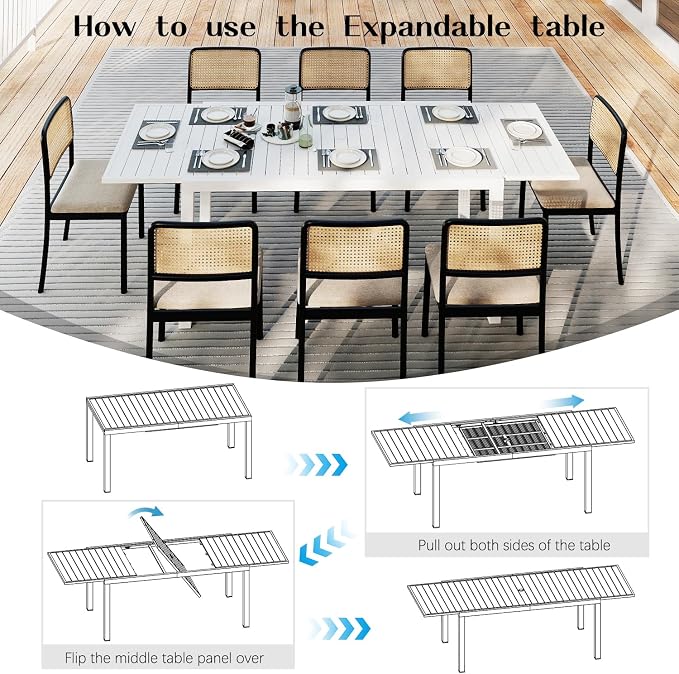 Domi Outdoor Expandable Dining Table for 6-8, Aluminum Extendable Dining Table 65"-97" with Umbrella Hole, Metal Outdoor Patio Table Rectangle for Backyard Garden, Black