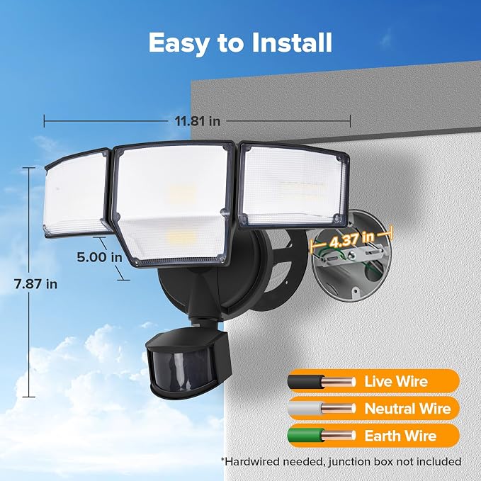 LUTEC 80W 9000LM LED Security Light Hardwire Motion Sensor Outdoor Lights, 4 Head LED Flood Lights Outdoor 5000K Daylight, IP65 Waterproof, Motion Detected Lights for Outside, Garage, Yard (Black)