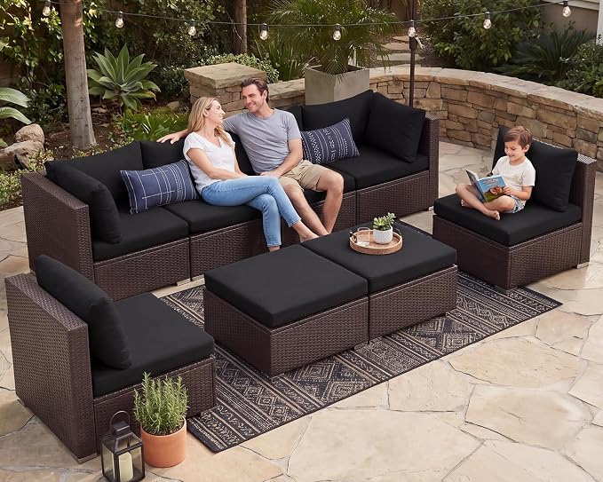 NICESOUL 8 Seater Modern Outdoor Seating Group, Plus Size Big Wicker Patio Modular Sectional with Ottoman, 29.3'' High Back Comfy Conversation Sets for Outside, Brown Rattan and Black Cushion