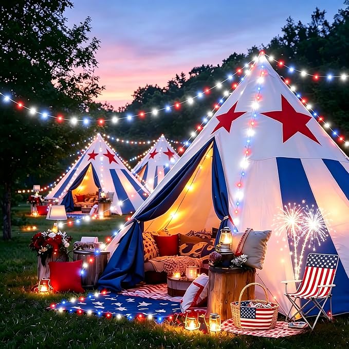 Joomer Red White Blue Solar Fairy Lights, 2 Pack 39FT 120LED String Light | 4th of July Memorial Day Decor, 8 Lighting Modes with Memory, Waterproof Outdoor Patriotic Lights for Independence Day Decor