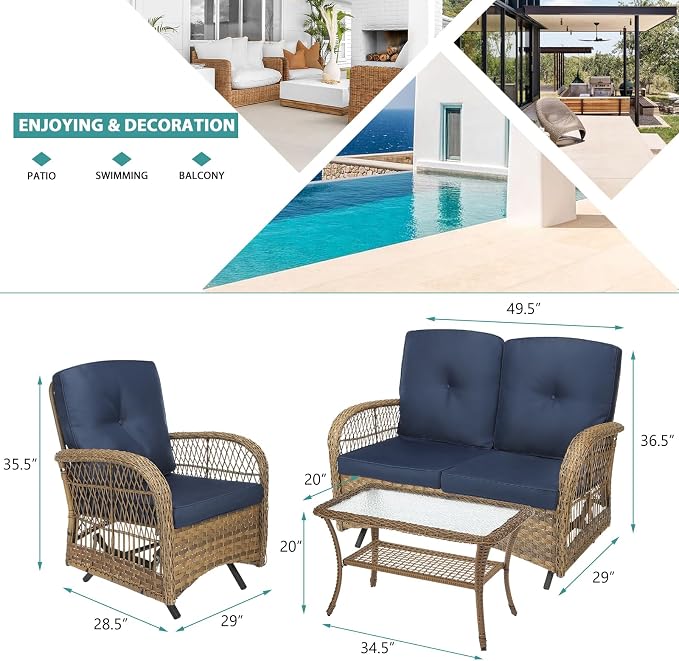 MEETWARM 4-Piece Outdoor Patio Conversation Set with Glider Loveseat, 2 Chairs, Glass-Top Coffee Table, Rocking Glider, Thickened Cushions, Navy Blue