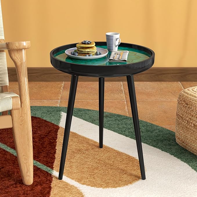 Giantex Outdoor Side Table, Round End Table with Epoxy Resin Finish, Sea Shell Decoration, Mahogany Wood Frame, Tray Top, Patio Side Table for Living Room, Pool, Yard, Porch (Green, 16” x 16” x 19.5”)