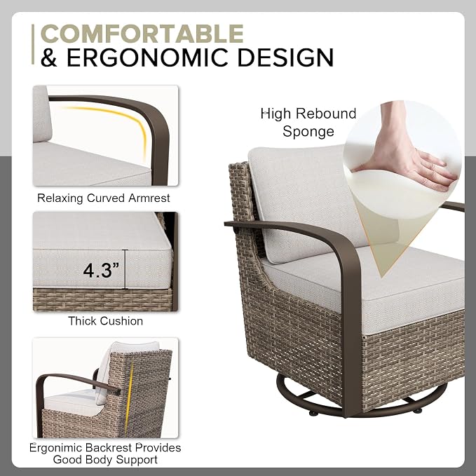 COOS BAY Aurora Terrace 7 Piece Outdoor Sectional Furniture Set, Half Moon Rattan Wicker Conversation Set with Swivel Chairs, 5 Seat Sofa, Coffee & Side Table for Patio Garden Yard, Beige/Beige