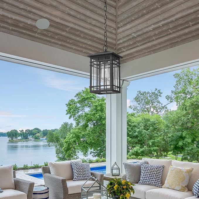 Outdoor Pendant Lighting, Exterior Pendant Lantern, Farmhouse Porch Hanging Lantern Lights with Seeded Glass in Black Finish, Outdoor Pendant Lamp for Front Porch, Entryway, Patio, Gazebo