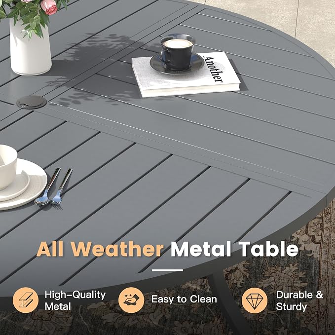 60" Outdoor Dining Table with Adjustable Umbrella Hole, Metal Slatted Round Patio Dining Table for Backyard Garden Deck, Dark Grey