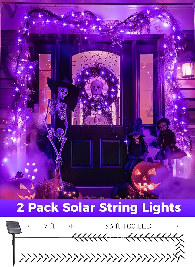 Minetom 2Pack Solar Halloween Lights Outdoor,Total 80FT 200LED String Light | Halloween Decoration Outdoor with 8 Modes, Black Wire, Waterproof Solar String Lights for Outside Tree Yard Party, Purple