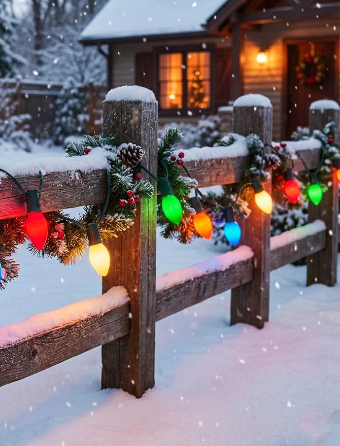 C7 LED Multicolor Christmas Lights, 26Ft Vintage Outdoor Christmas String Lights with 27 Colorful Ceramic LED Bulbs, Connectable Hanging Lights for Holiday Party Backyard Roofline House Xmas Decor