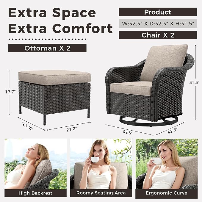 Outdoor Swivel Chairs Set with Ottomans, 4 PCS Patio Conversation Furniture Set with Removable Cushions, All-Weather Wicker Furniture for Porch, Backyard, Deck, Sunroom (Beige)